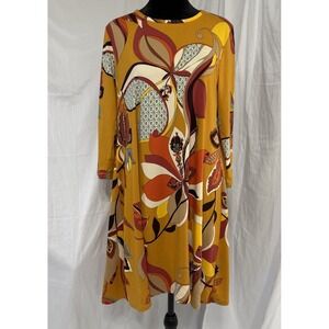 Jamie & Layla Dress Womens Small Gold Floral Shift 3/4 Sleeves Disco 70's Hippie